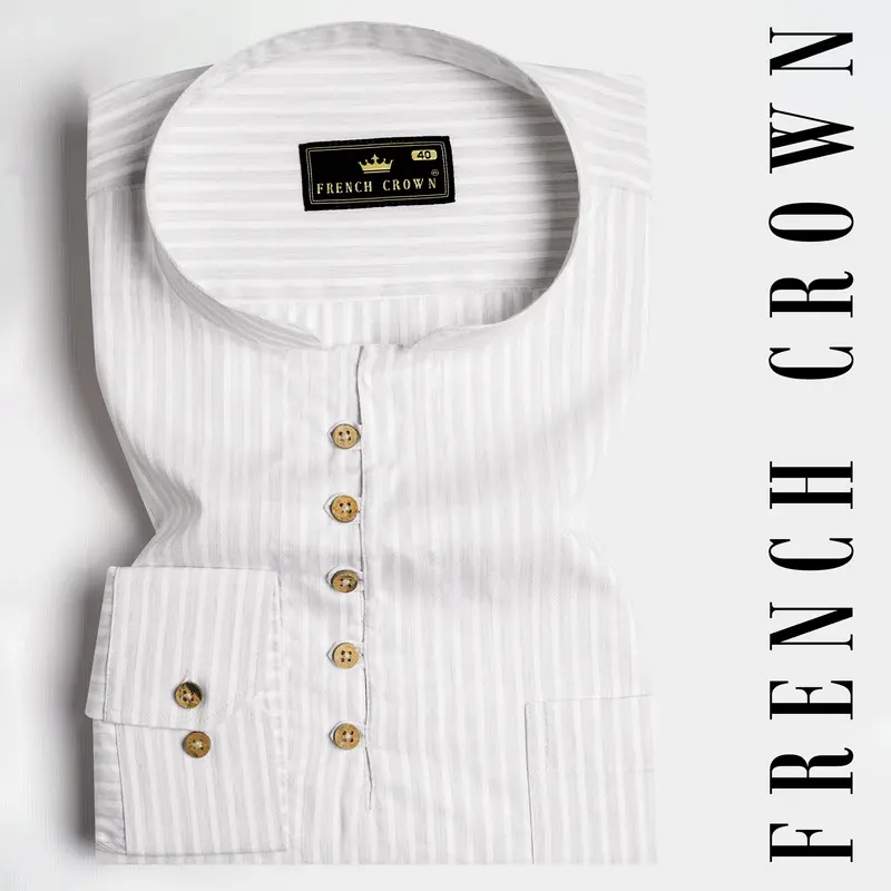 Bright White Striped Dobby Textured Premium Giza Cotton Kurta Shirt 1