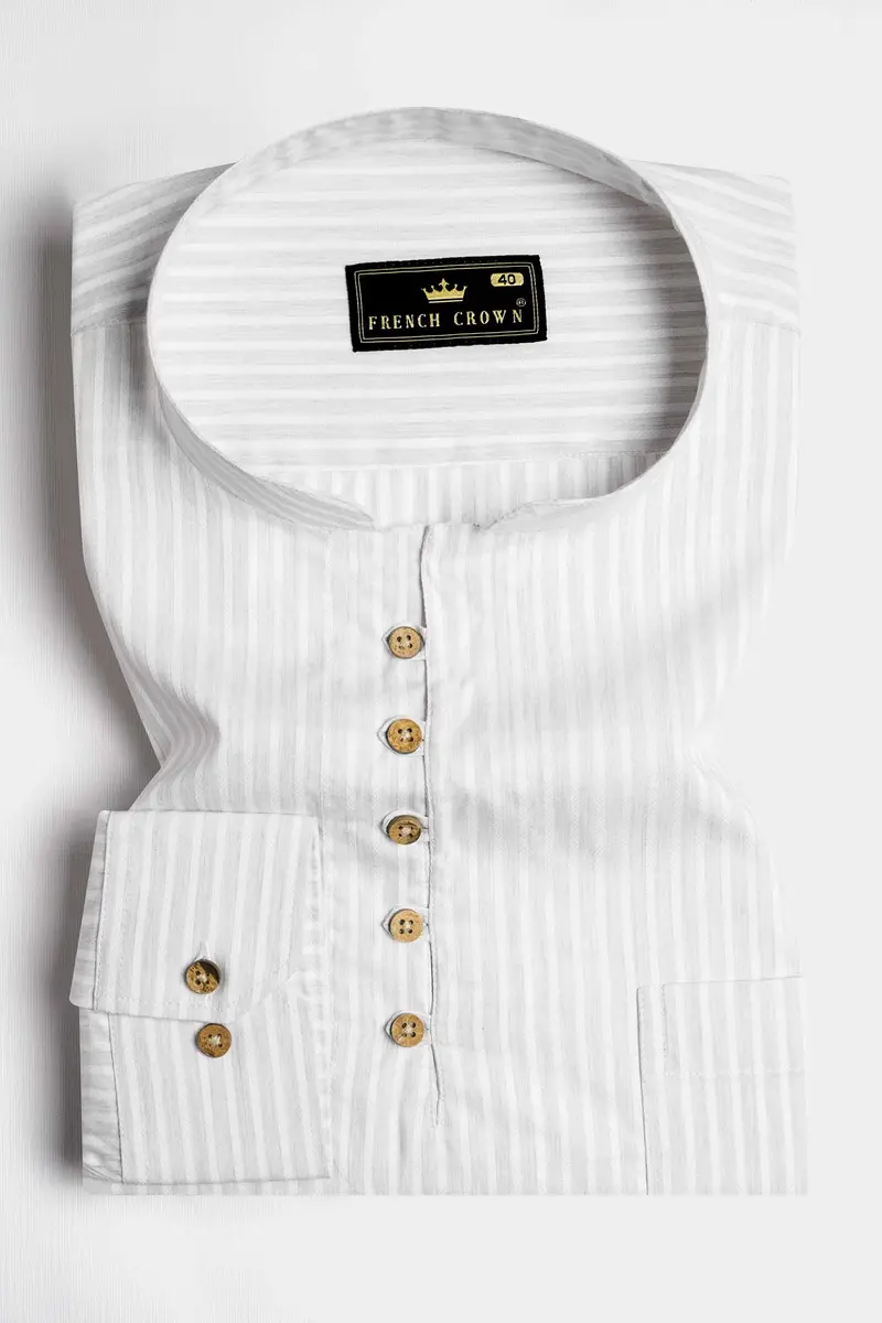 Bright White Striped Dobby Textured Premium Giza Cotton Kurta Shirt 2