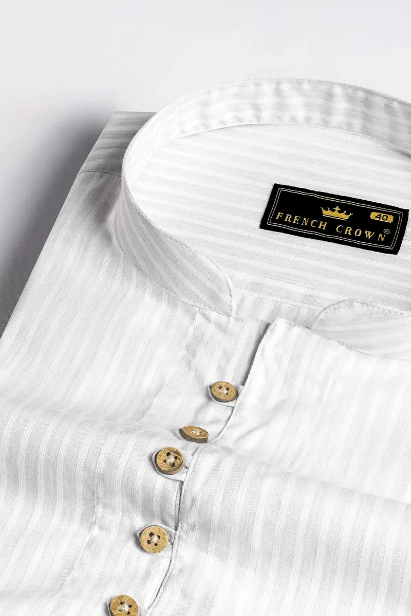 Bright White Striped Dobby Textured Premium Giza Cotton Kurta Shirt 4