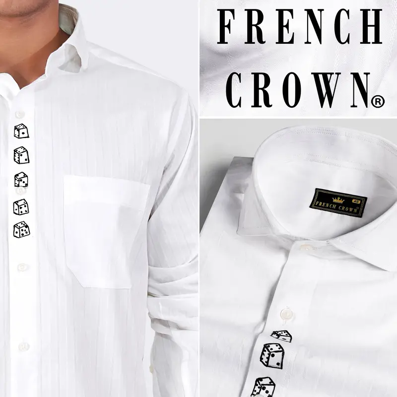 Bright White Striped With Dices Hand Painted Dobby Premium Giza Cotton Designer Shirt 1