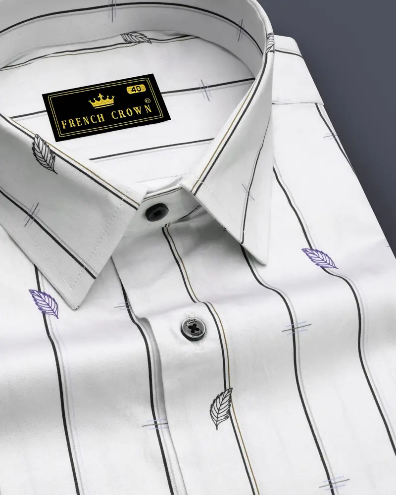 Bright White Striped With Leaves Printed Super Soft Premium Cotton Shirt 1