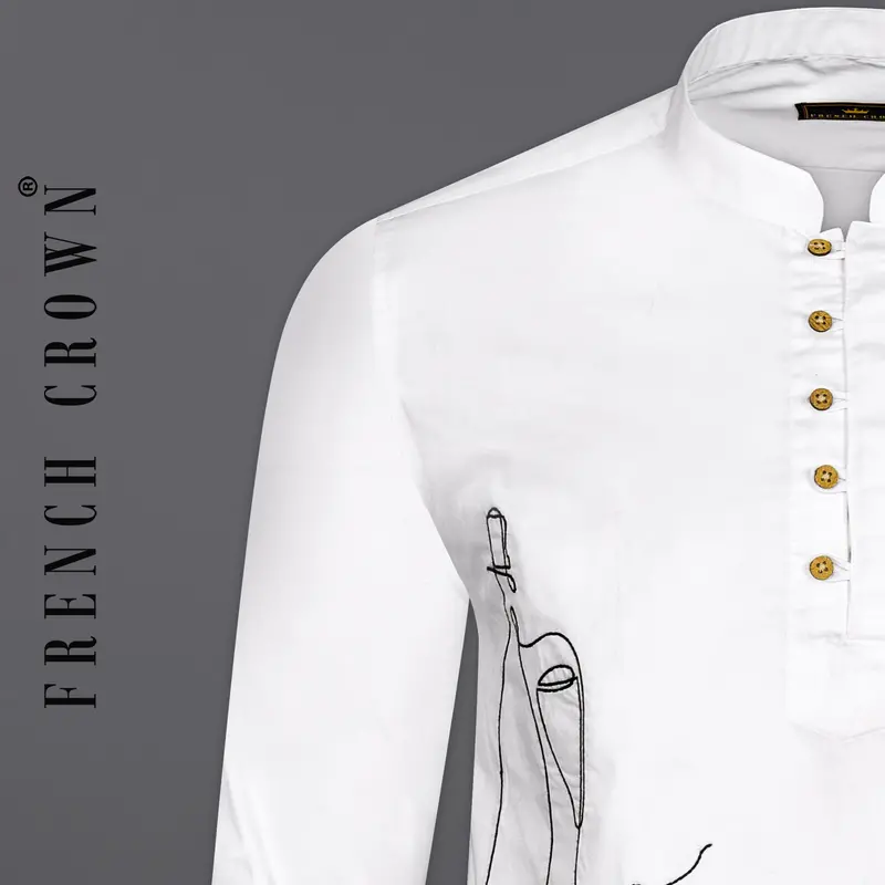 Bright White Subtle Sheen Champagne Embroidered Super Soft Premium Cotton Designer Kurta Shirt 1