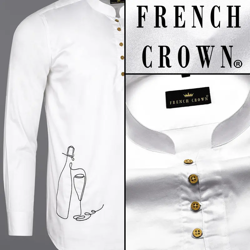 Bright White Subtle Sheen Champagne Embroidered Super Soft Premium Cotton Kurta Shirt 1
