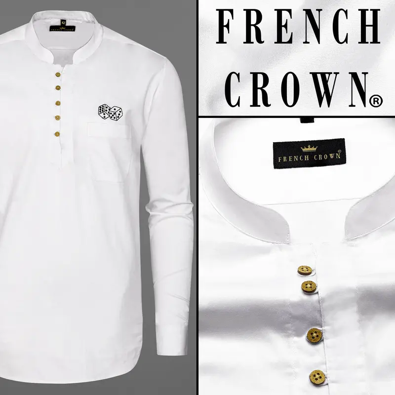 Bright White Subtle Sheen Dice Embroidered Super Soft Premium Cotton Kurta Shirt 1