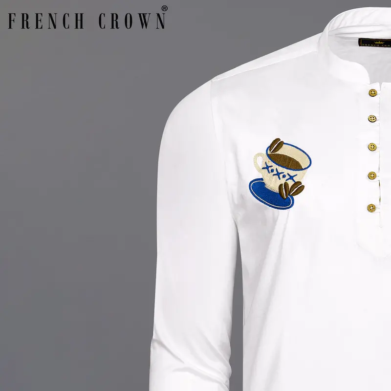 Bright White Subtle Sheen Embroidered Super Soft Premium Cotton Kurta Shirt 1