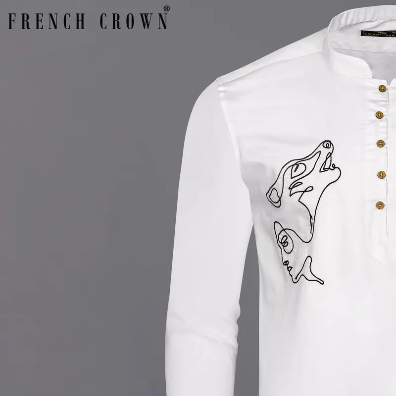 Bright White Subtle Sheen Embroidered Super Soft Premium Cotton Kurta Shirt 1