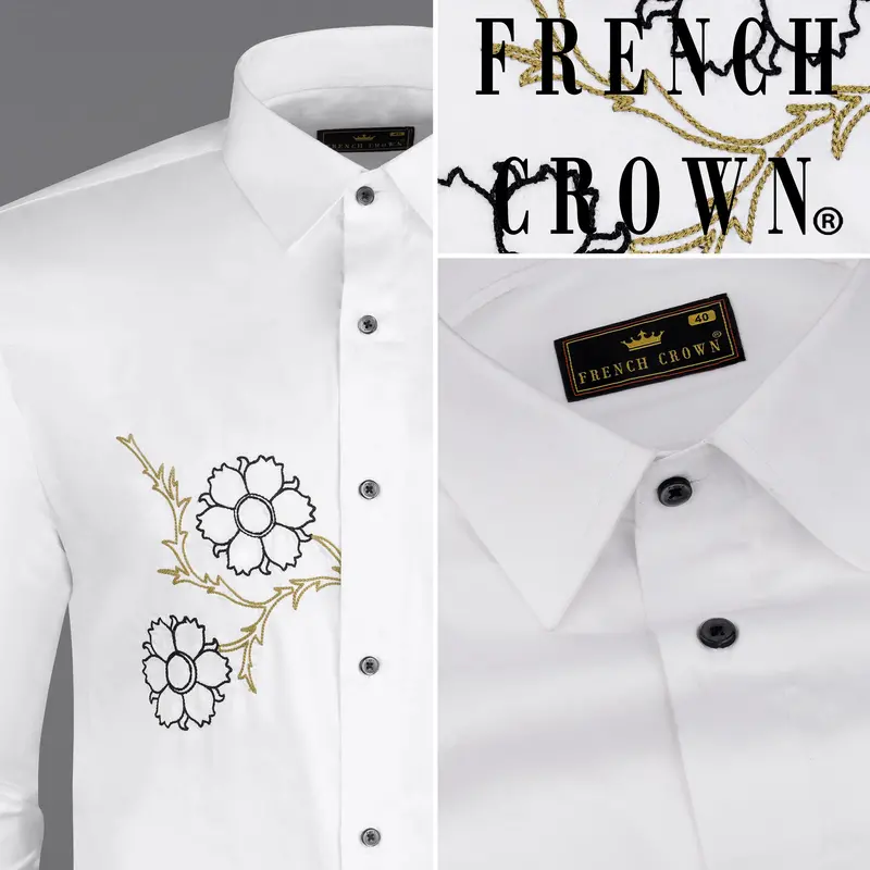 Bright White Subtle Sheen Floral Embroidered Super Soft Premium Cotton Shirt 1