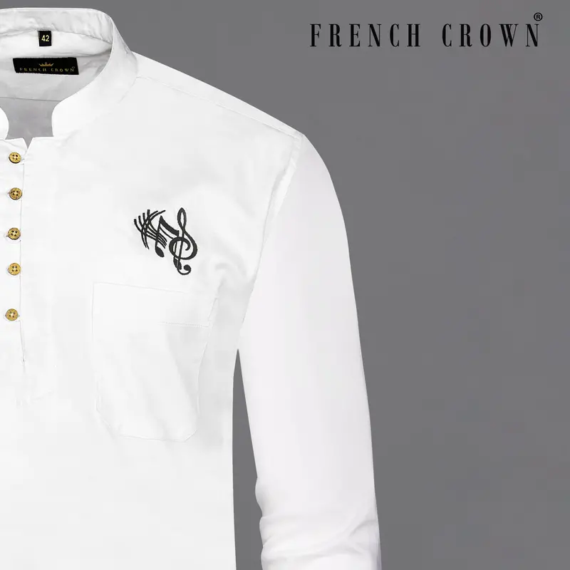 Bright White Subtle Sheen Music Sign Embroidered Super Soft Premium Cotton Kurta Shirt 1