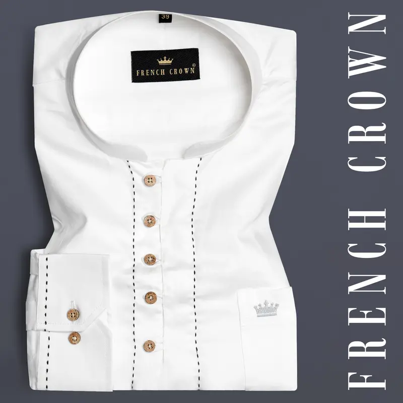 Bright White Subtle Sheen Rice Stitching Patterned Indian Kurta Style Super Soft Giza Cotton Shirt 1