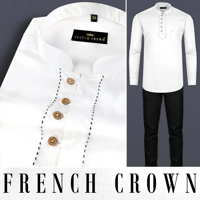 Bright White Subtle Sheen Rice Stitching Patterned Indian Kurta Style Super Soft Giza Cotton Shirt 10