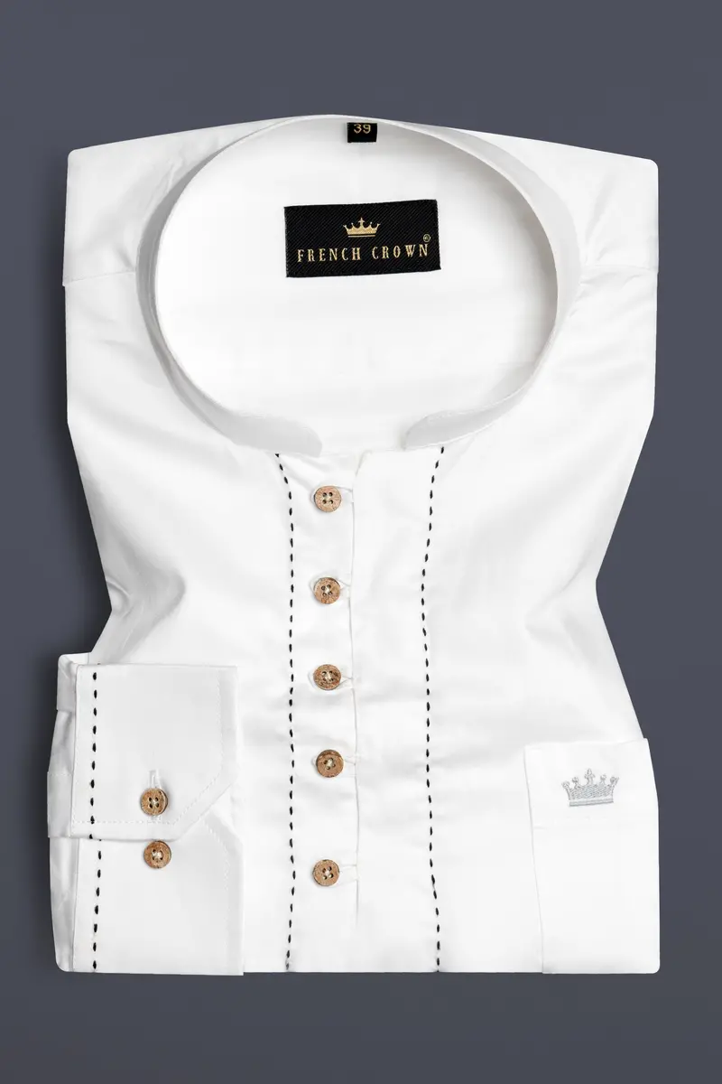 Bright White Subtle Sheen Rice Stitching Patterned Indian Kurta Style Super Soft Giza Cotton Shirt 2