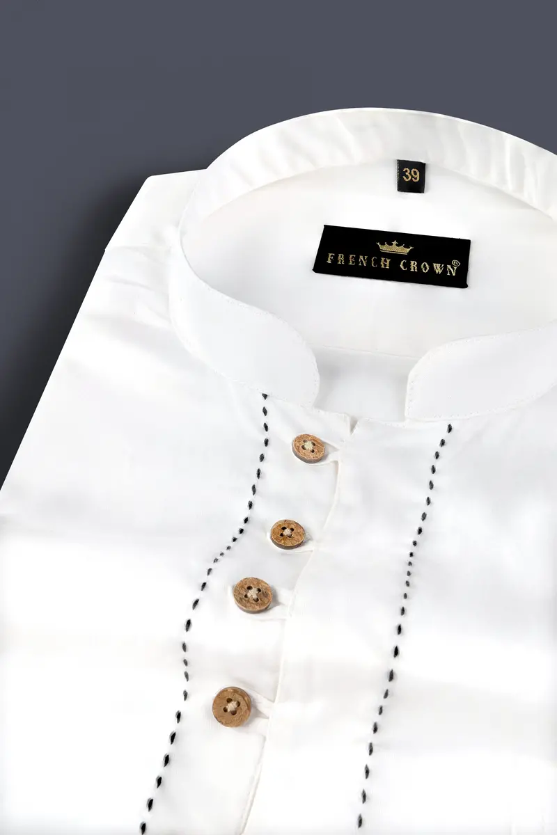 Bright White Subtle Sheen Rice Stitching Patterned Indian Kurta Style Super Soft Giza Cotton Shirt 4