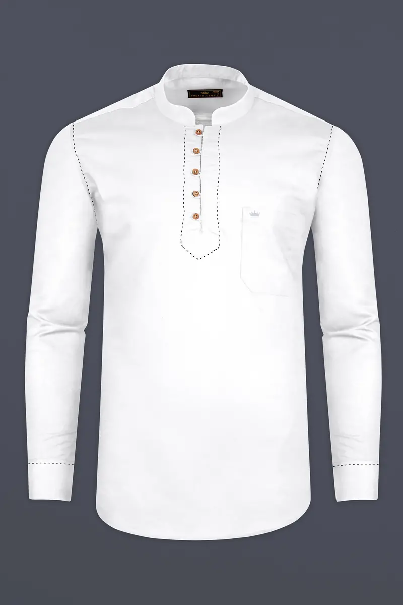 Bright White Subtle Sheen Rice Stitching Patterned Indian Kurta Style Super Soft Giza Cotton Shirt 5