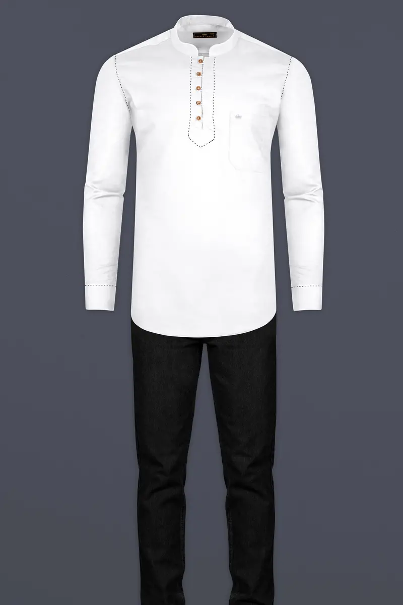 Bright White Subtle Sheen Rice Stitching Patterned Indian Kurta Style Super Soft Giza Cotton Shirt 7