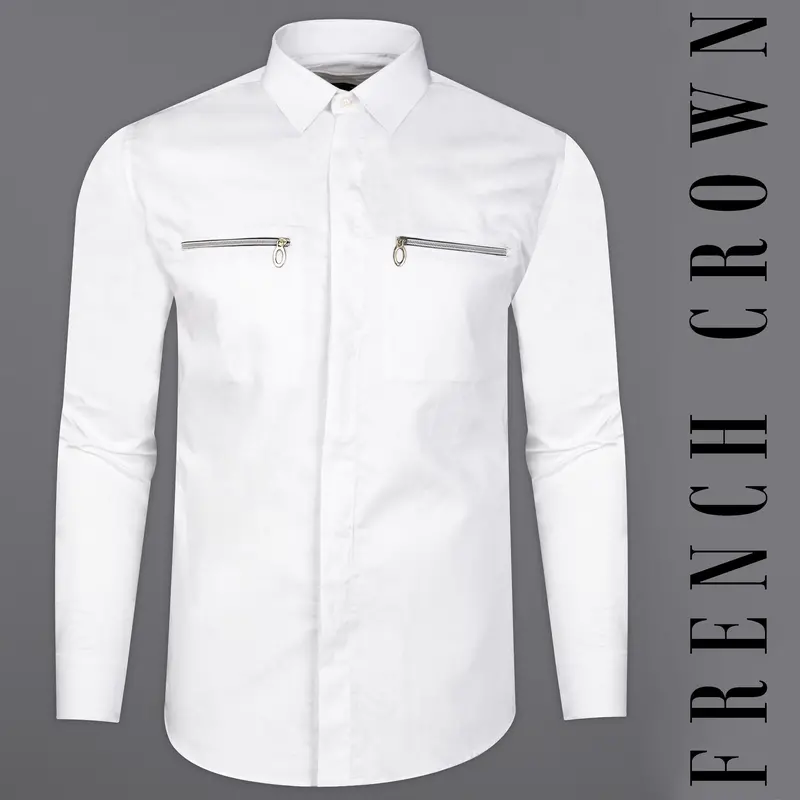 Bright White Subtle Sheen Super Soft Premium Cotton Designer Shirt With Zipper Pockets 1