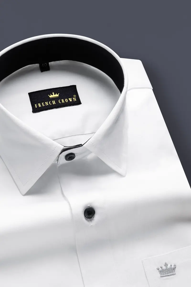 Bright White Subtle Sheen With Black Collar Detailed Super Soft Giza Cotton Shirt 2