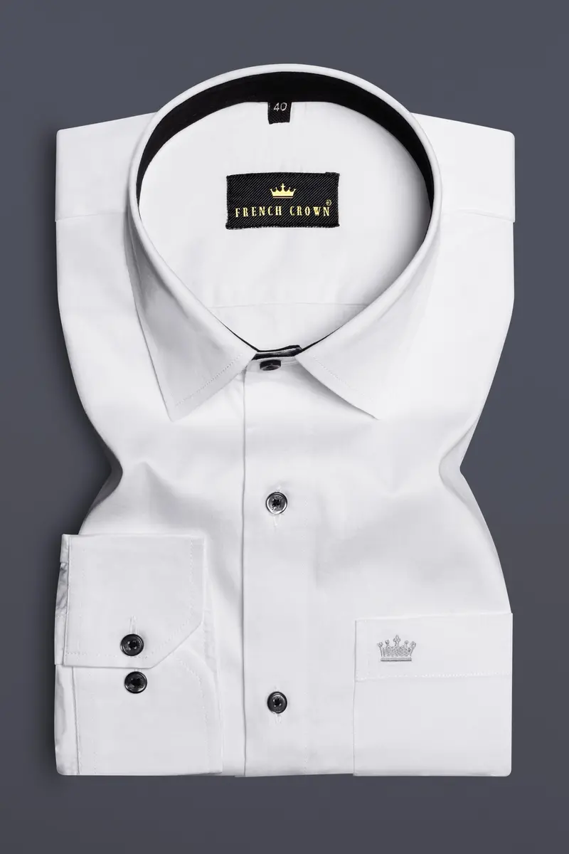 Bright White Subtle Sheen With Black Collar Detailed Super Soft Giza Cotton Shirt 4