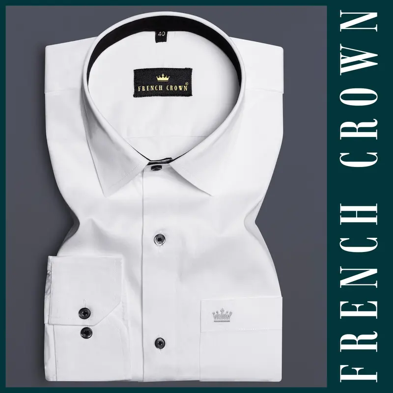 Bright White Subtle Sheen With Black Collar Detailed Super Soft Giza Cotton Shirt 7