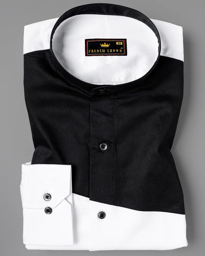 Bright White Subtle Sheen With Black Patch Giza Cotton Shirt 1