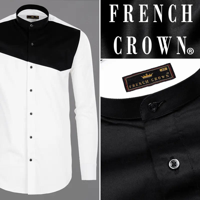 Bright White Subtle Sheen With Black Patch Giza Cotton Shirt 10