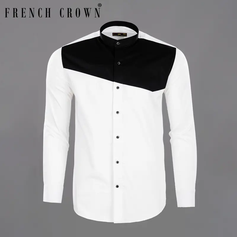Bright White Subtle Sheen With Black Patch Giza Cotton Shirt 11