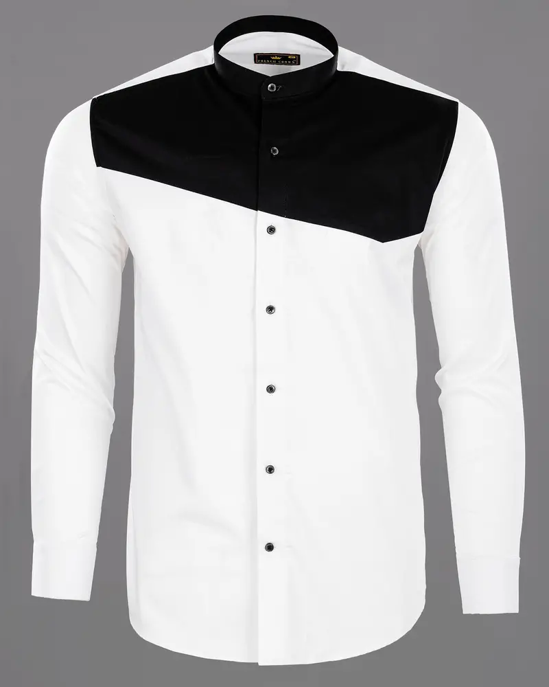 Bright White Subtle Sheen With Black Patch Giza Cotton Shirt 6