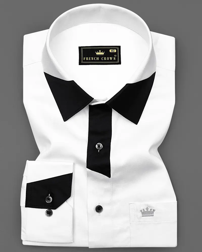 Bright White Subtle Sheen With Black Patch Patterned Designer Super Soft Giza Cotton Shirt 1