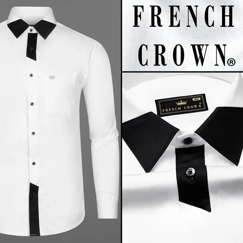 Bright White Subtle Sheen With Black Patch Patterned Designer Super Soft Giza Cotton Shirt 10