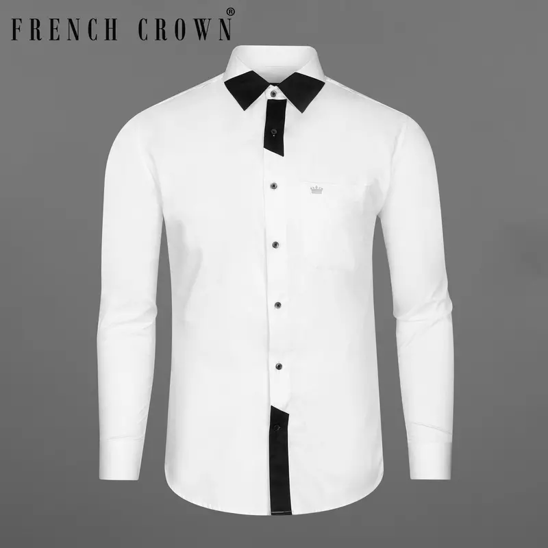 Bright White Subtle Sheen With Black Patch Patterned Designer Super Soft Giza Cotton Shirt 11