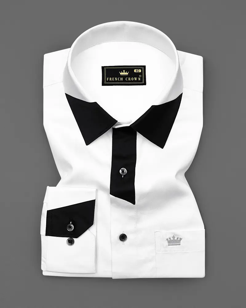 Bright White Subtle Sheen With Black Patch Patterned Designer Super Soft Giza Cotton Shirt 2