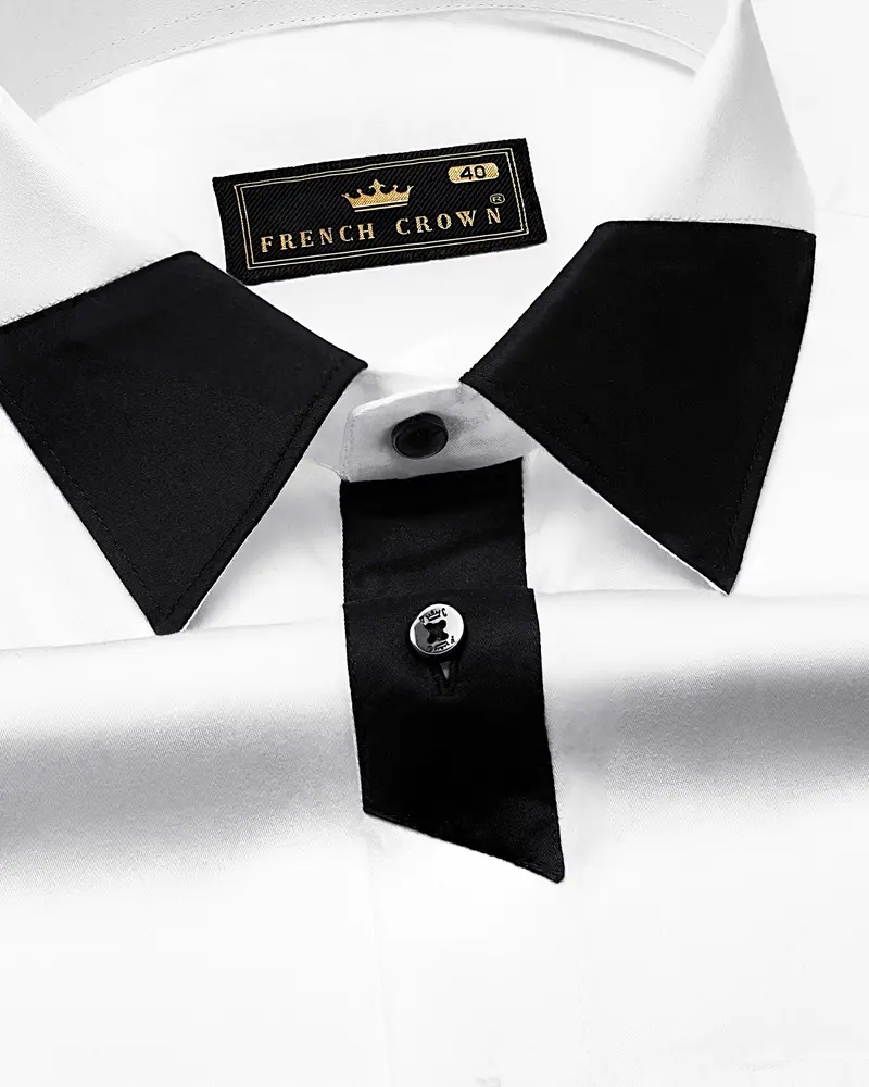 Bright White Subtle Sheen With Black Patch Patterned Designer Super Soft Giza Cotton Shirt 4