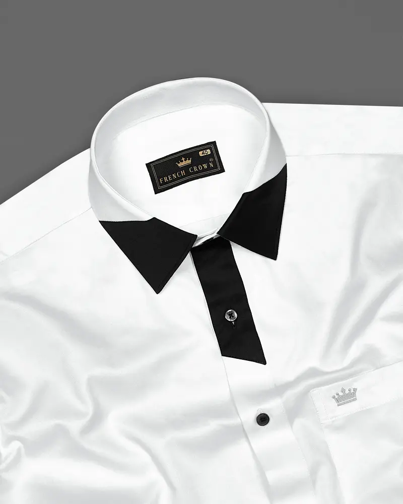 Bright White Subtle Sheen With Black Patch Patterned Designer Super Soft Giza Cotton Shirt 5