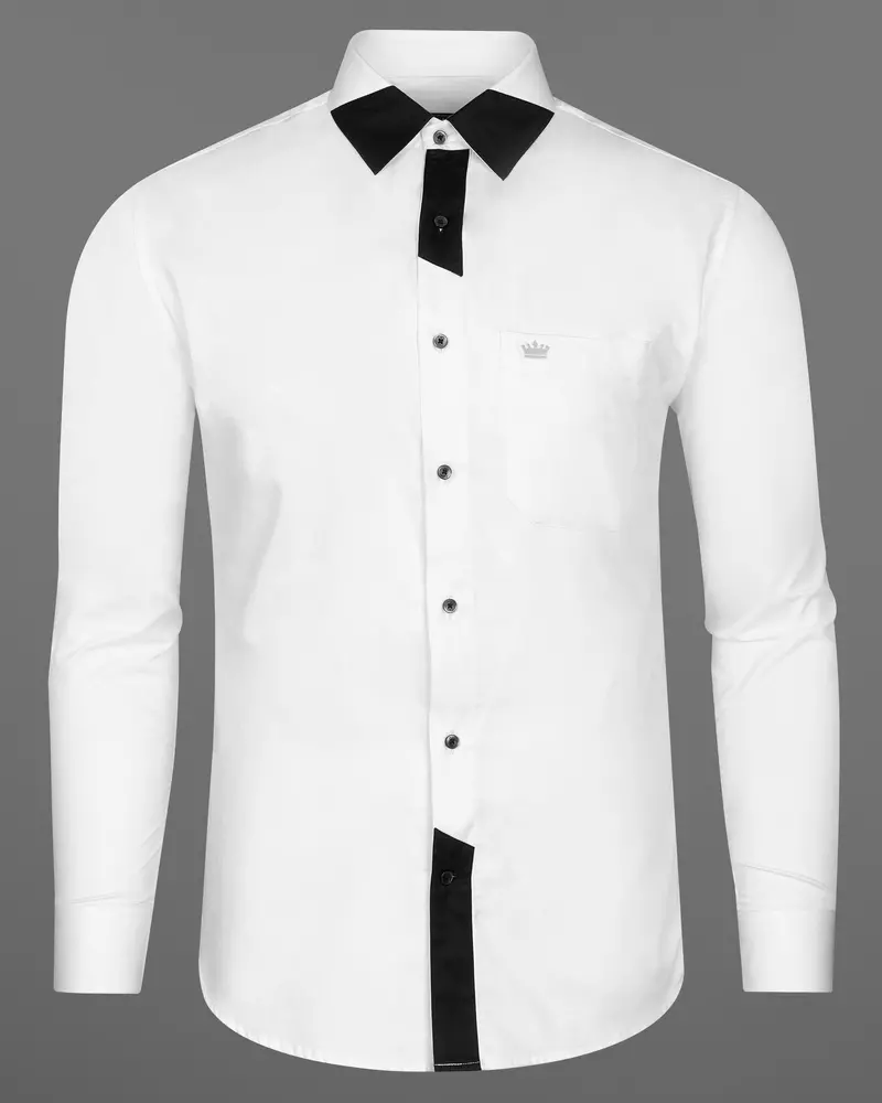 Bright White Subtle Sheen With Black Patch Patterned Designer Super Soft Giza Cotton Shirt 6