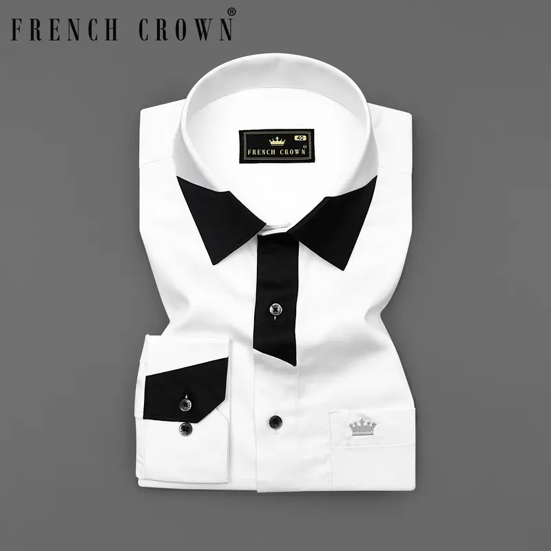 Bright White Subtle Sheen With Black Patch Patterned Designer Super Soft Giza Cotton Shirt 8
