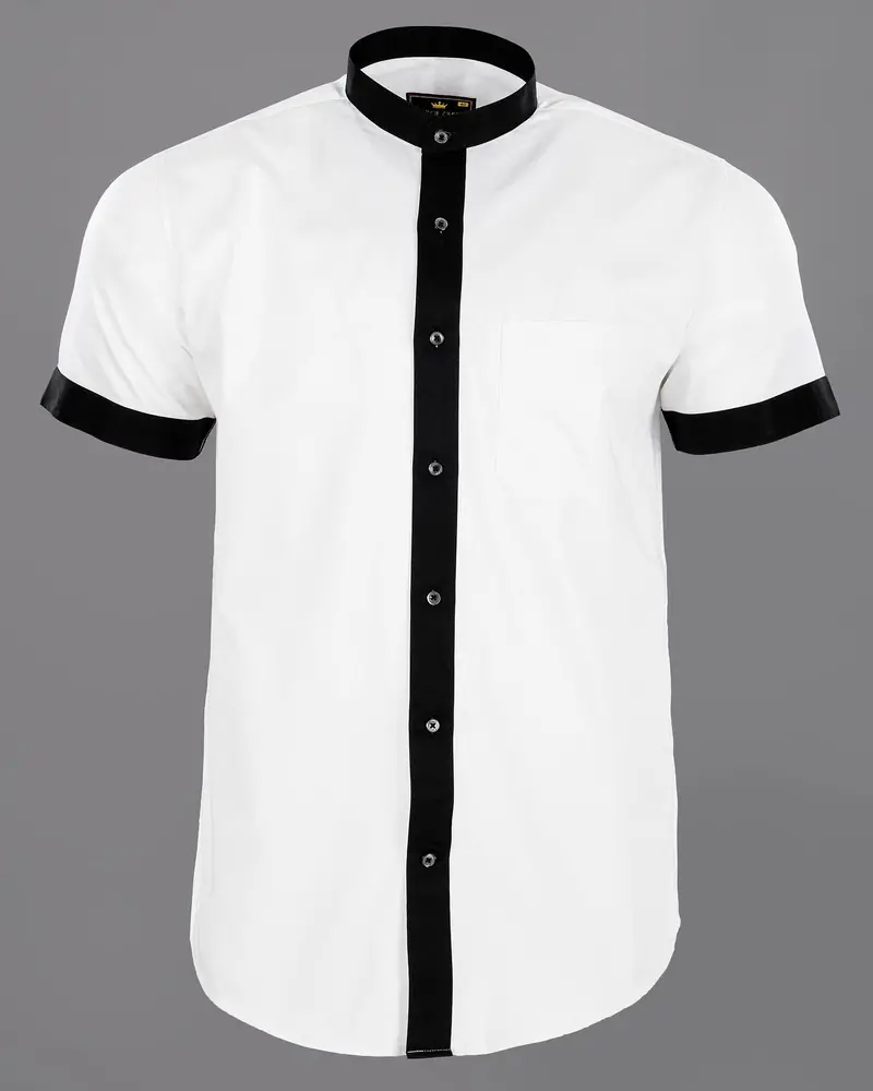 Bright White Subtle Sheen With Black Placket Half Sleeve Super Soft Giza Cotton Shirt 1