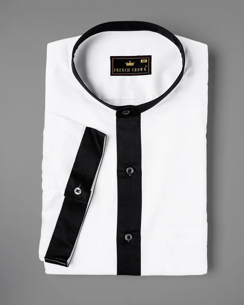 Bright White Subtle Sheen With Black Placket Half Sleeve Super Soft Giza Cotton Shirt 3