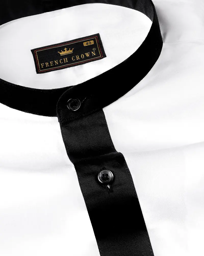 Bright White Subtle Sheen With Black Placket Half Sleeve Super Soft Giza Cotton Shirt 4