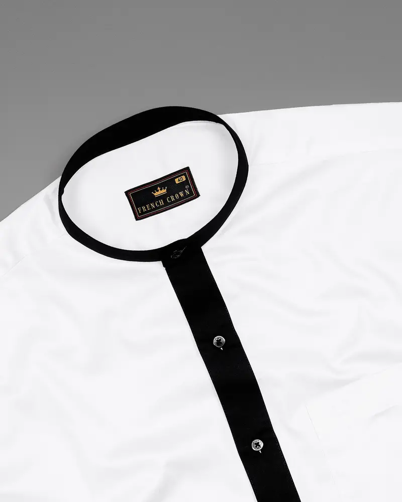 Bright White Subtle Sheen With Black Placket Half Sleeve Super Soft Giza Cotton Shirt 5