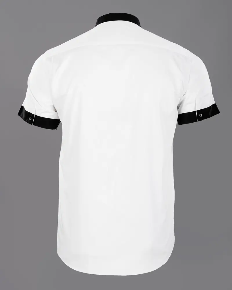 Bright White Subtle Sheen With Black Placket Half Sleeve Super Soft Giza Cotton Shirt 6