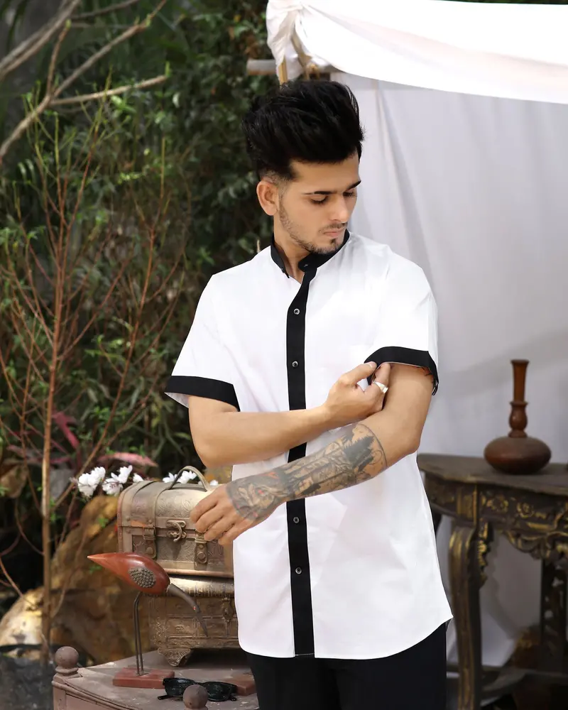 Bright White Subtle Sheen With Black Placket Half Sleeve Super Soft Giza Cotton Shirt 7