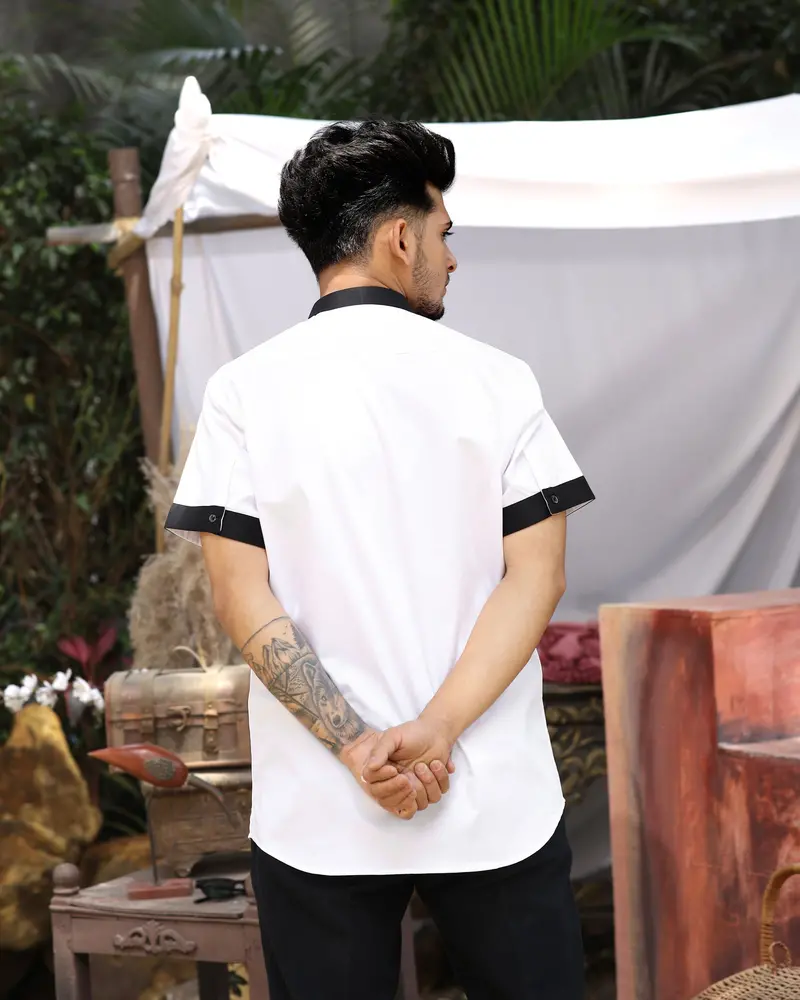 Bright White Subtle Sheen With Black Placket Half Sleeve Super Soft Giza Cotton Shirt 8