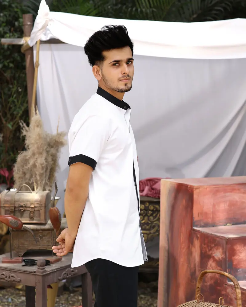 Bright White Subtle Sheen With Black Placket Half Sleeve Super Soft Giza Cotton Shirt 9