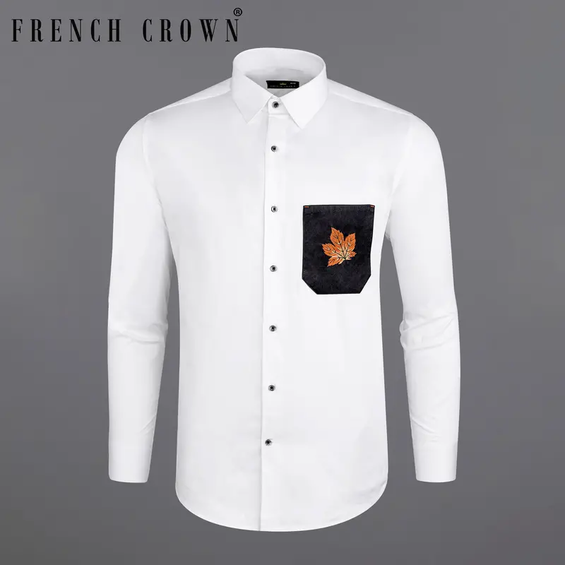 Bright White Subtle Sheen With Black Pocket And Leaves Embroidered Super Soft Premium Cotton Shirt 1