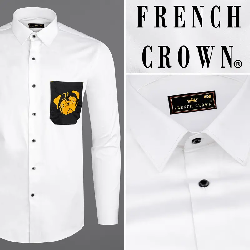 Bright White Subtle Sheen With Black Pocket And Puppy Embroidered Super Soft Premium Cotton Shirt 1