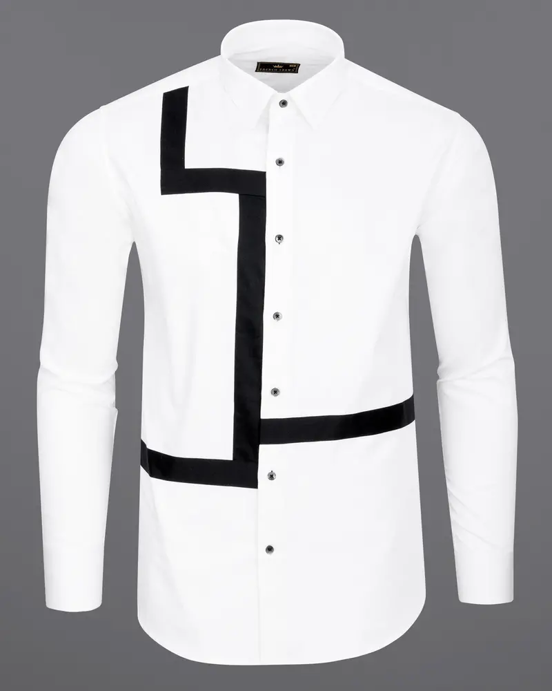 Bright White Subtle Sheen With Black Super Soft Premium Cotton Designer Shirt 1