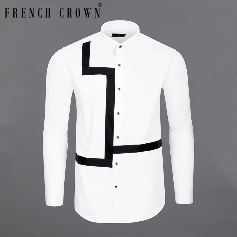 Bright White Subtle Sheen With Black Super Soft Premium Cotton Designer Shirt 7