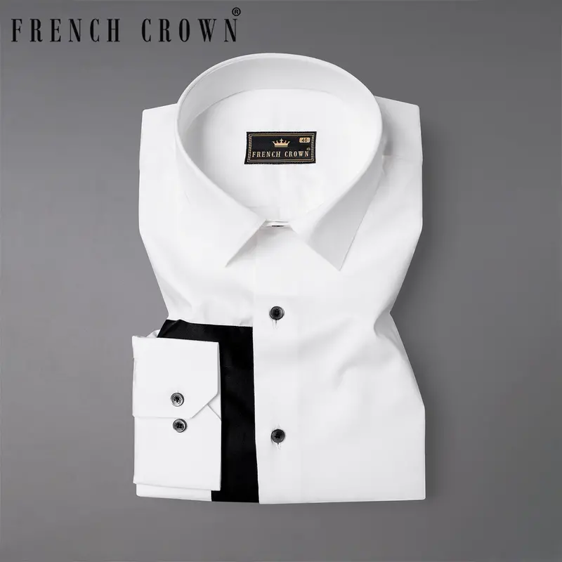 Bright White Subtle Sheen With Black Super Soft Premium Cotton Designer Shirt 8