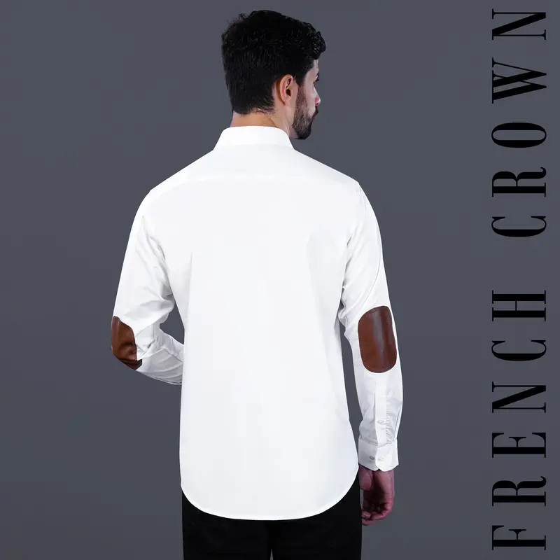 Bright White Subtle Sheen With Leather Elbow Patch Super Soft Premium Cotton Shirt 1