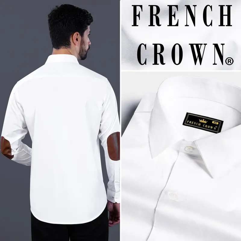 Bright White Subtle Sheen With Leather Elbow Patch Super Soft Premium Cotton Shirt 12