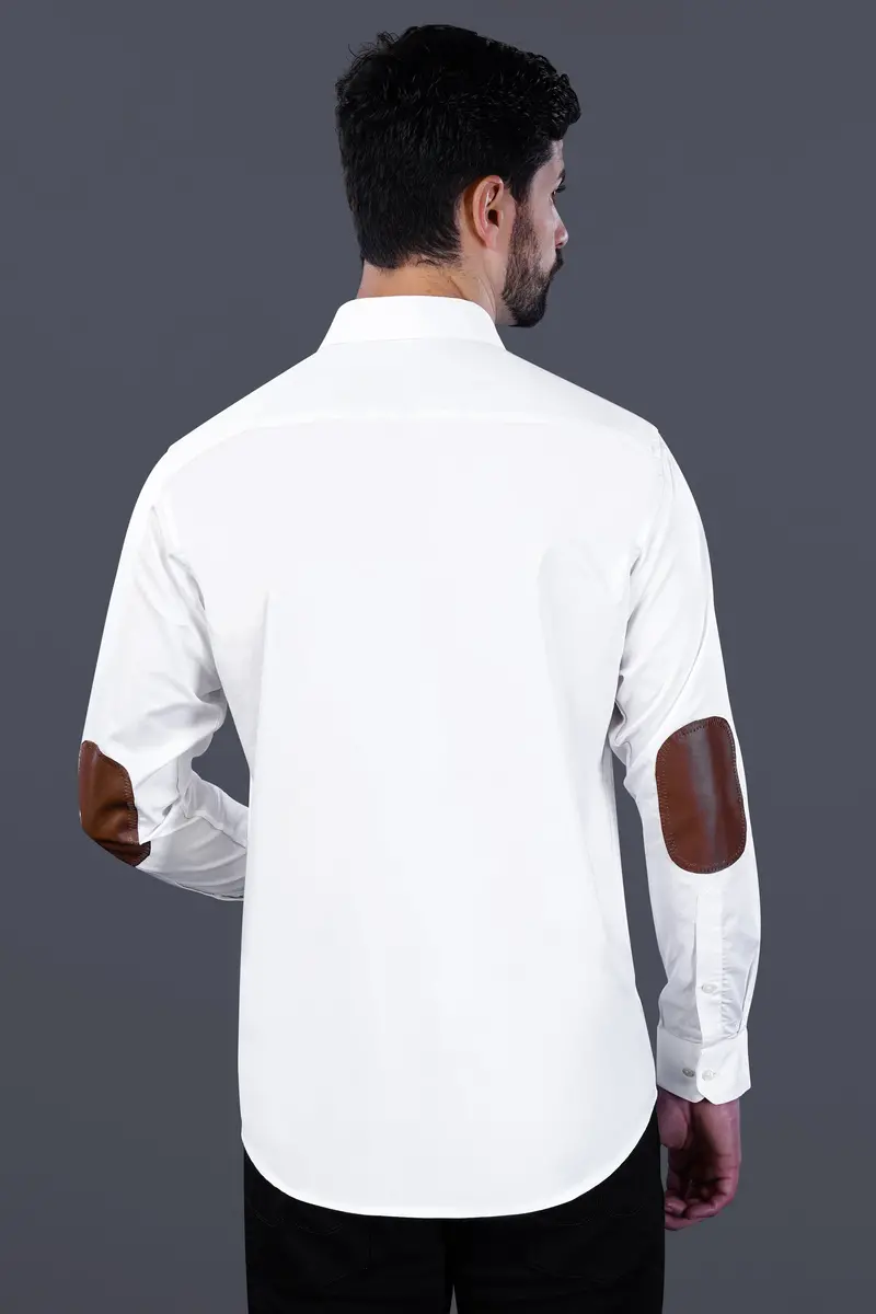 Bright White Subtle Sheen With Leather Elbow Patch Super Soft Premium Cotton Shirt 2